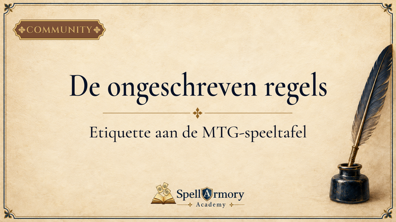 Portada crema de SpellArmory Academy sobre la etiqueta en la mesa de MTG, con texto azul marino, borde dorado y una pluma en un tintero.