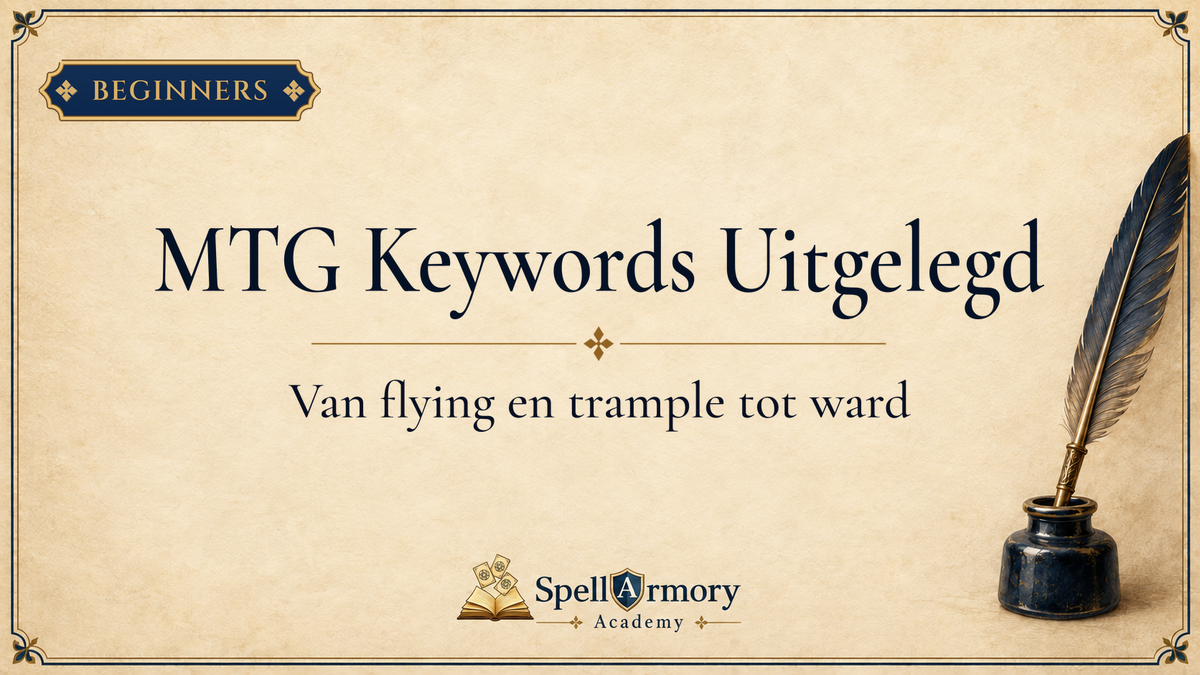 Keyword di MTG spiegate: da flying e trample a ward, su una copertina SpellArmory Academy color crema con penna e calamaio.