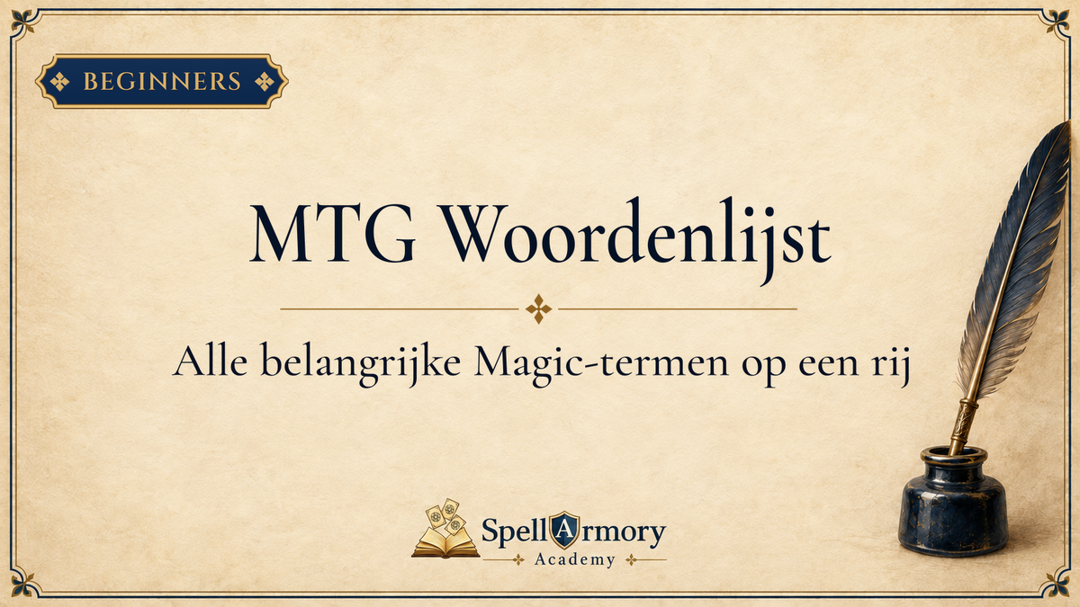 Portada de SpellArmory Academy: Glosario MTG, todos los términos importantes de Magic de un vistazo, sobre pergamino con pluma de ganso y tintero.