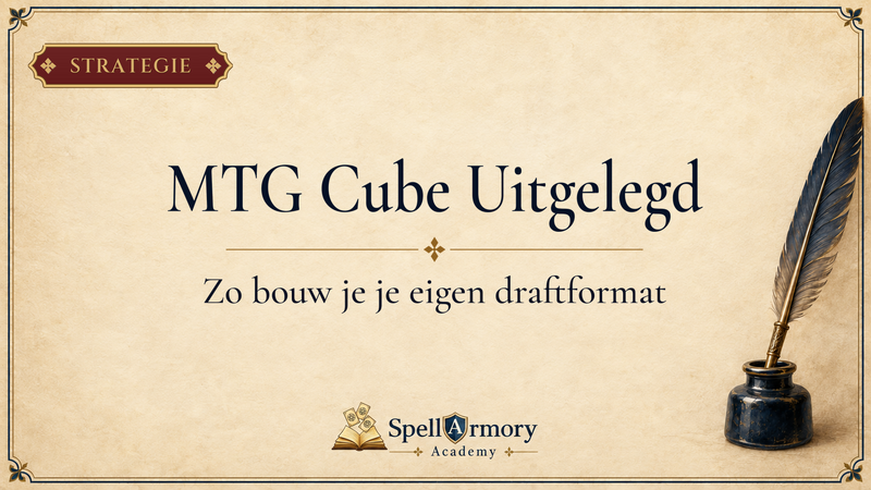 Portada de SpellArmory Academy con el título MTG Cube Explicado y el subtítulo Así construyes tu propio draft format, sobre pergamino con pluma de ganso y tintero.