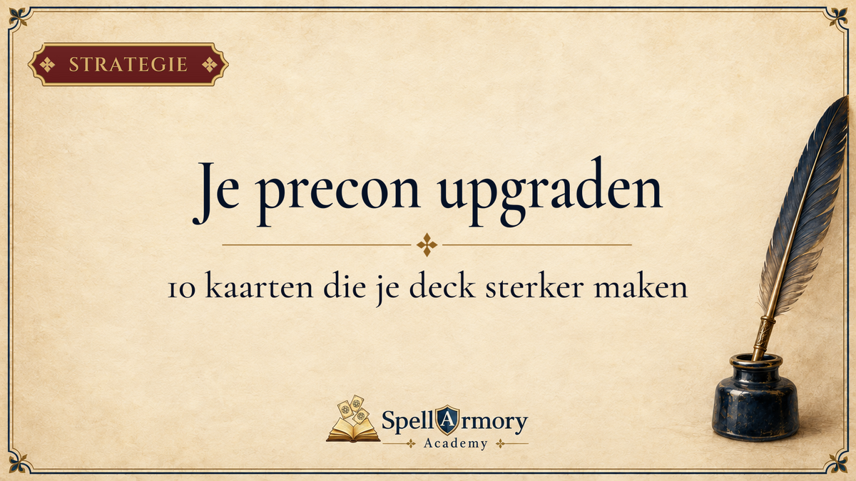 Portada de SpellArmory Academy sobre cómo mejorar un precon de Commander, con una pluma de ganso y un tintero sobre pergamino.