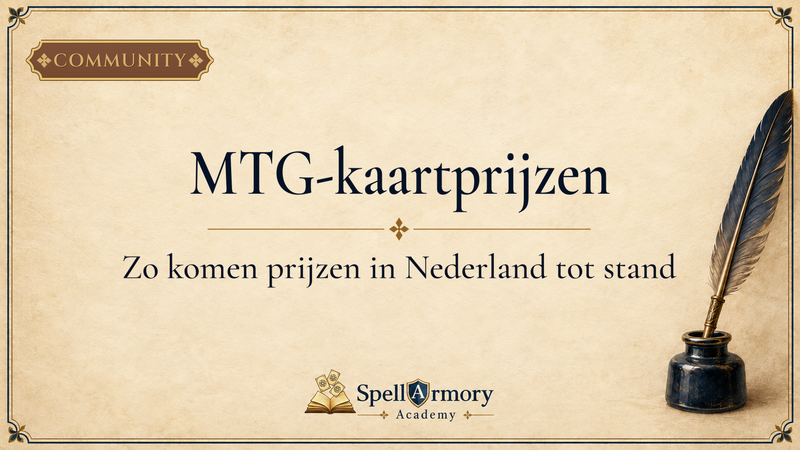 Portada de SpellArmory Academy con el título «Precios de cartas de MTG», el subtítulo «Así se forman los precios en los Países Bajos», una pluma y un tintero.