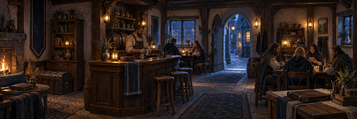 Taverna medievale con un bancone in legno e tavoli da gioco dove i visitatori giocano a Magic: The Gathering.