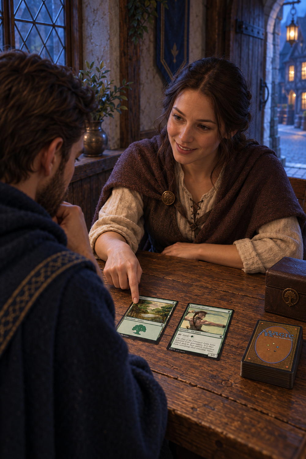Un giocatore riceve spiegazioni su Magic: The Gathering con Forest e Llanowar Elves su un tavolo di legno.