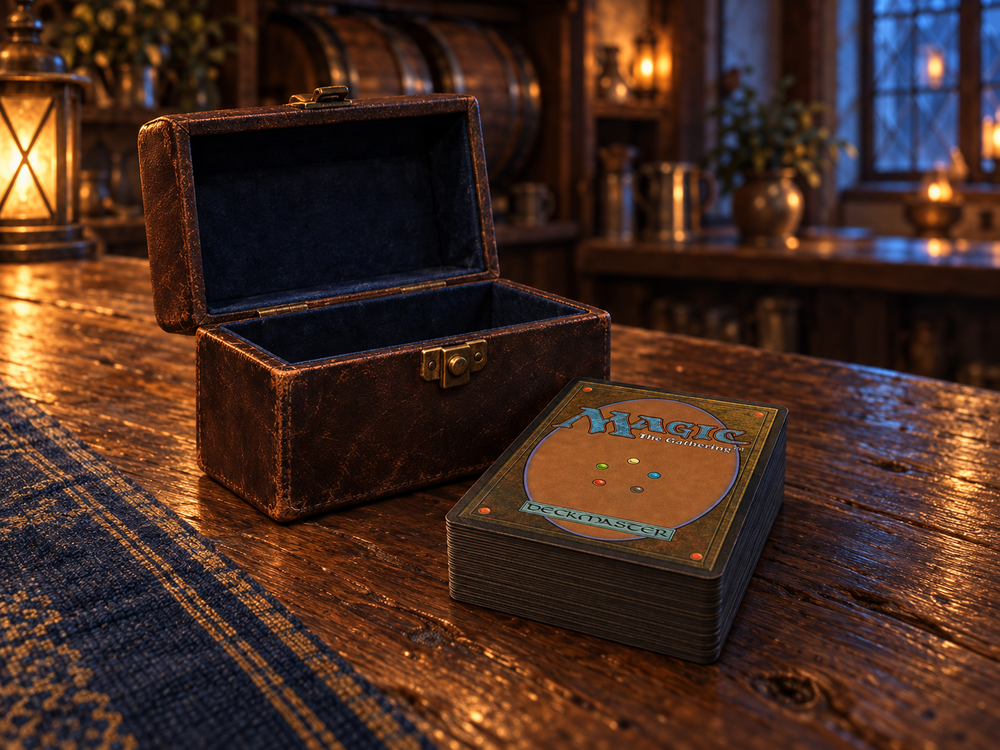 Deck box aperta con una pila di carte Magic: The Gathering sul bancone di legno.