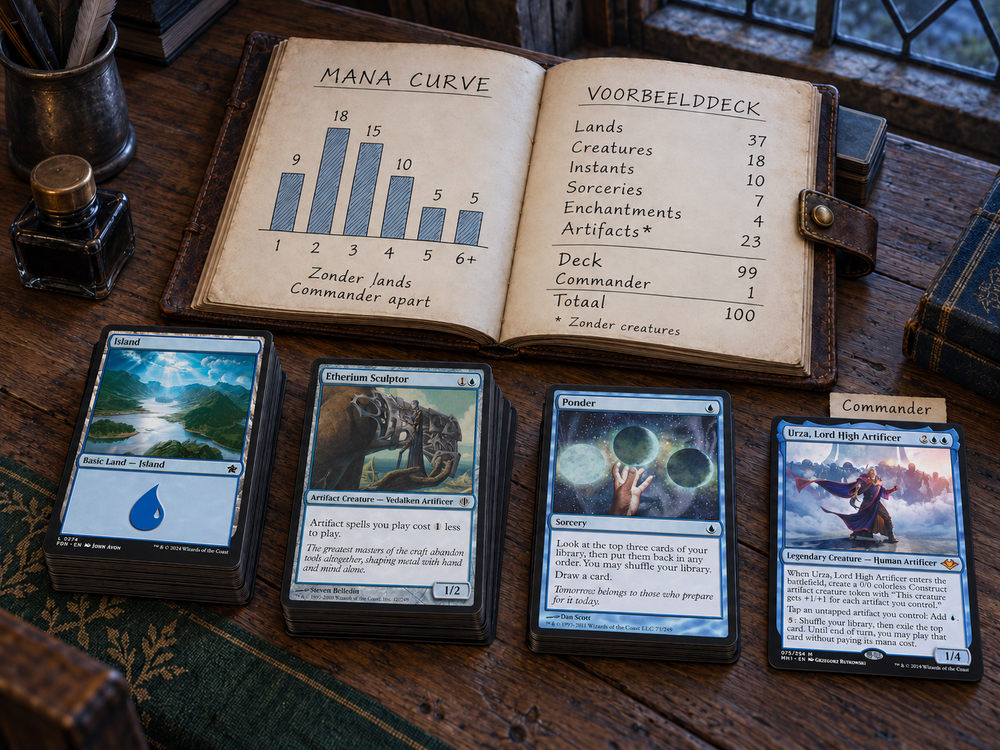 Urza e carte Magic blu accanto a un libro aperto con una mana curve e la composizione delle carte di un Commander deck.