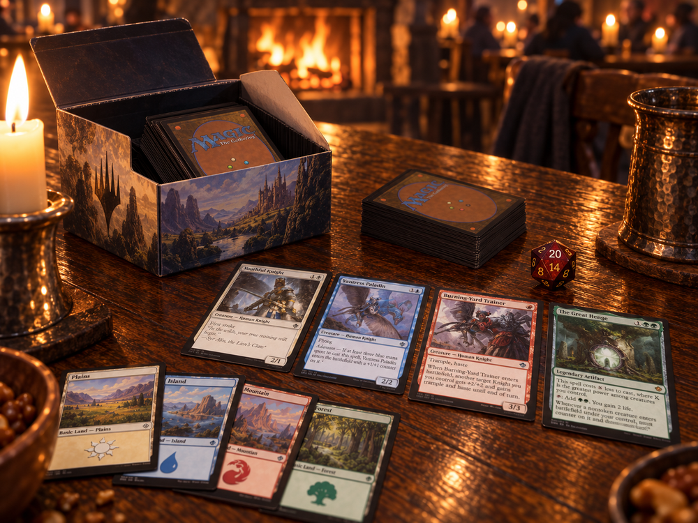 Speelklaar Magic: The Gathering-deck met kaarten, deckbox en D20 op een warme tavernetafel.