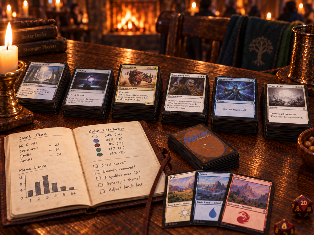 Magic: The Gathering-kaarten gesorteerd op kaarttype naast een deckbuildingboek met mana curve en deckplan.