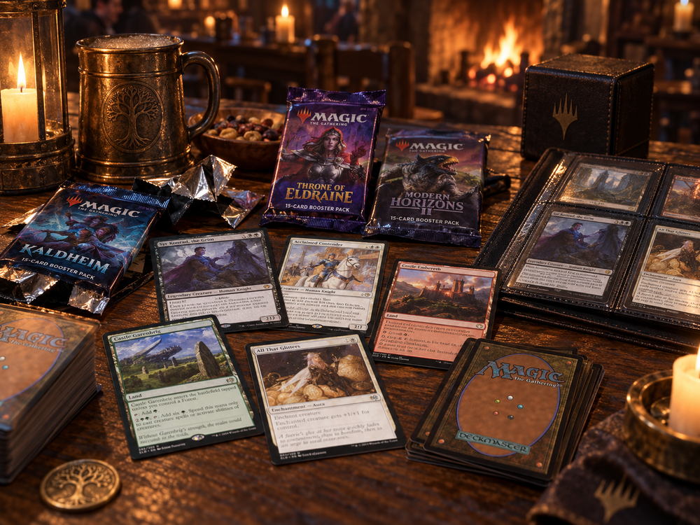 Magic: The Gathering-boosterpacks, verzamelkaarten en binder uitgestald op een warme tavernetafel.