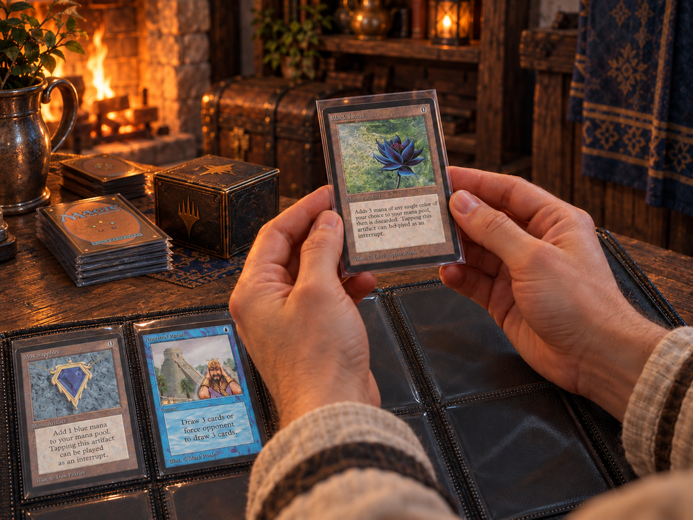 Hands holding a Black Lotus in a sleeve above a card binder, next to a Modern Horizons 3 Collector Booster.