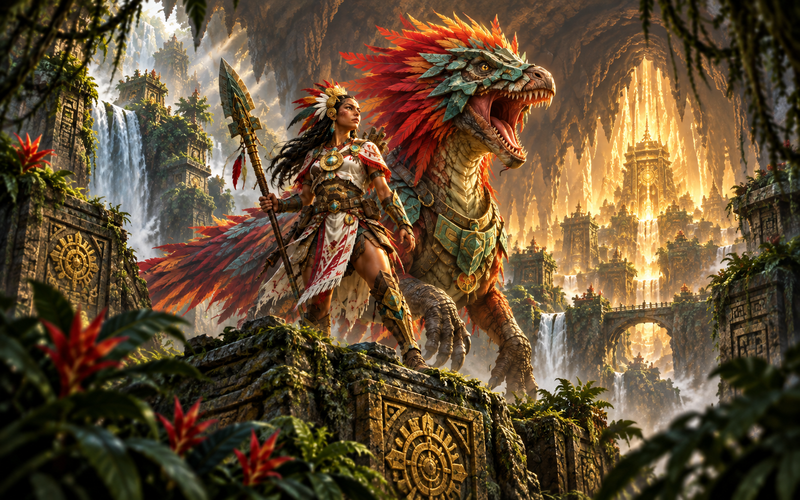 Huatli y un dinosaurio en The Lost Caverns of Ixalan