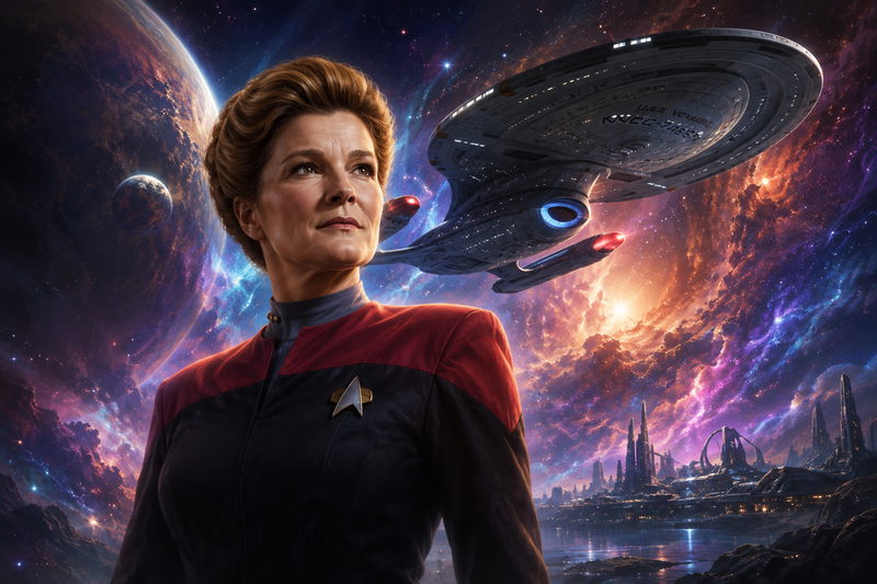 Star Trek set artwork met USS Voyager en Star Trek-personages