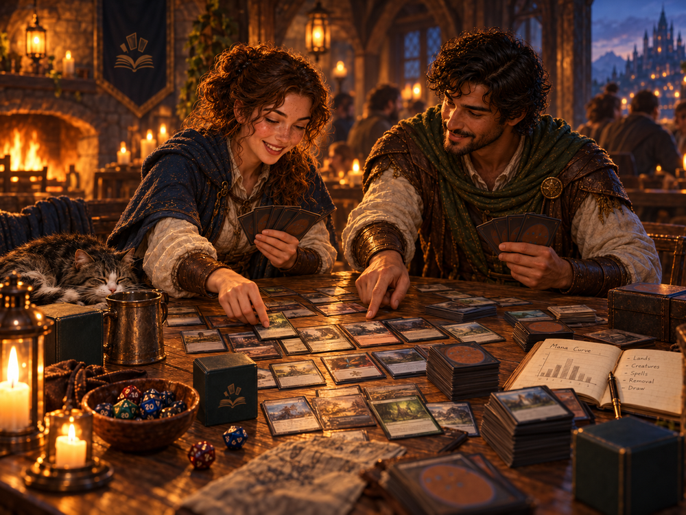 Twee spelers bouwen en bespreken samen een Magic: The Gathering-deck in een warme fantasy-taverne.