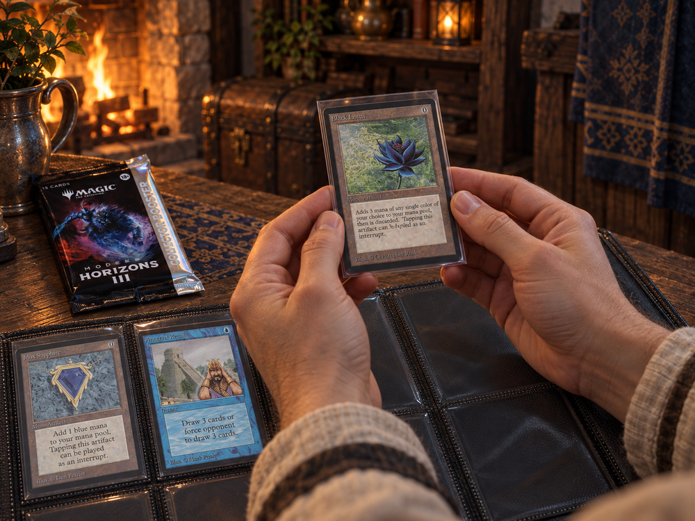 Mani tengono un Black Lotus in una sleeve sopra un raccoglitore da collezione, accanto a un Modern Horizons 3 Collector Booster.