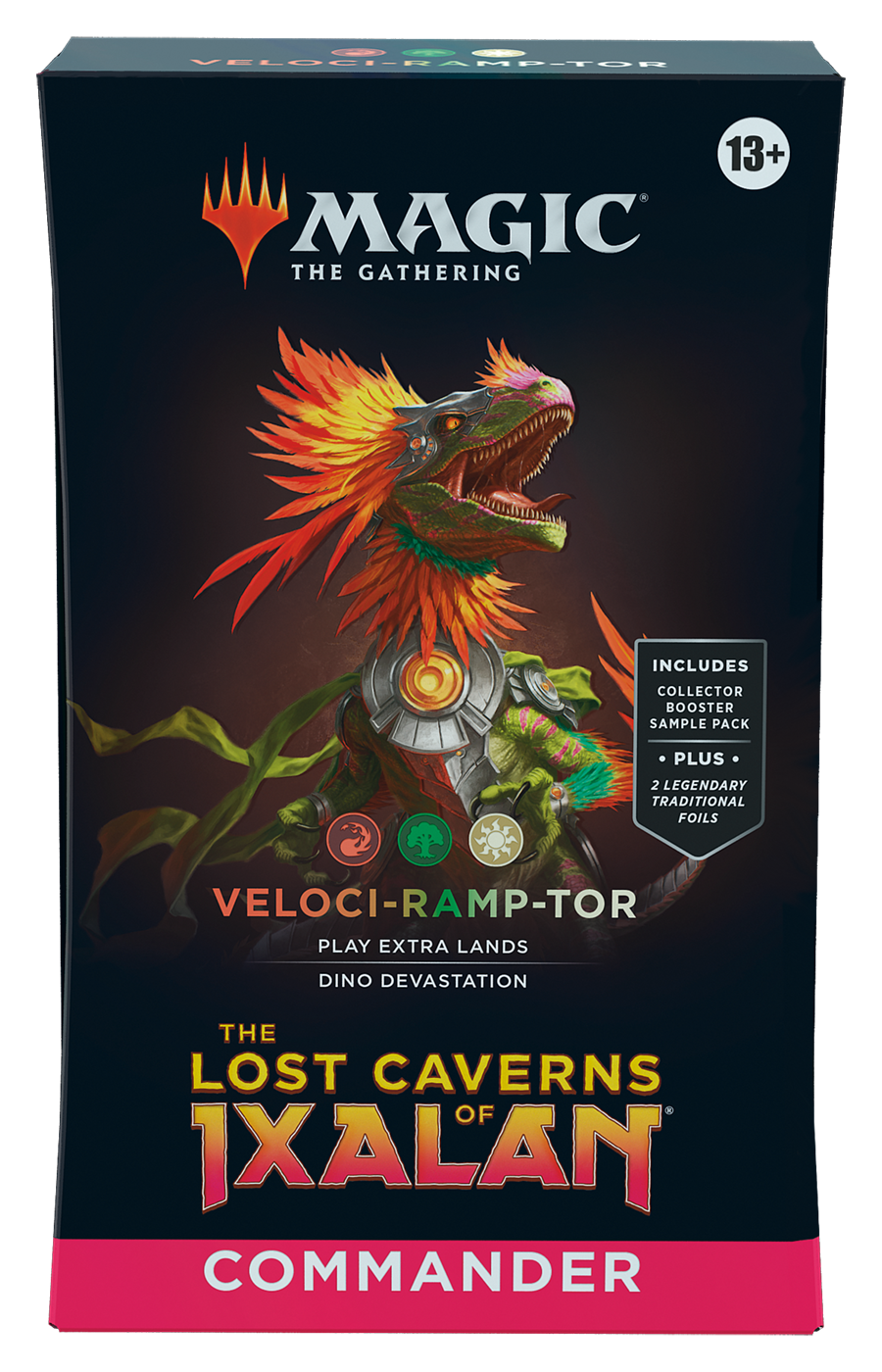 The Lost Caverns of Ixalan Veloci-Ramp-Tor Commander Deck, vooraanzicht van de Engelse verpakking