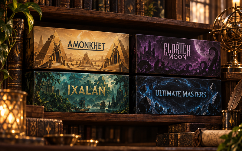 Set classici di Magic: The Gathering dal 2010 al 2020 in una biblioteca da collezione