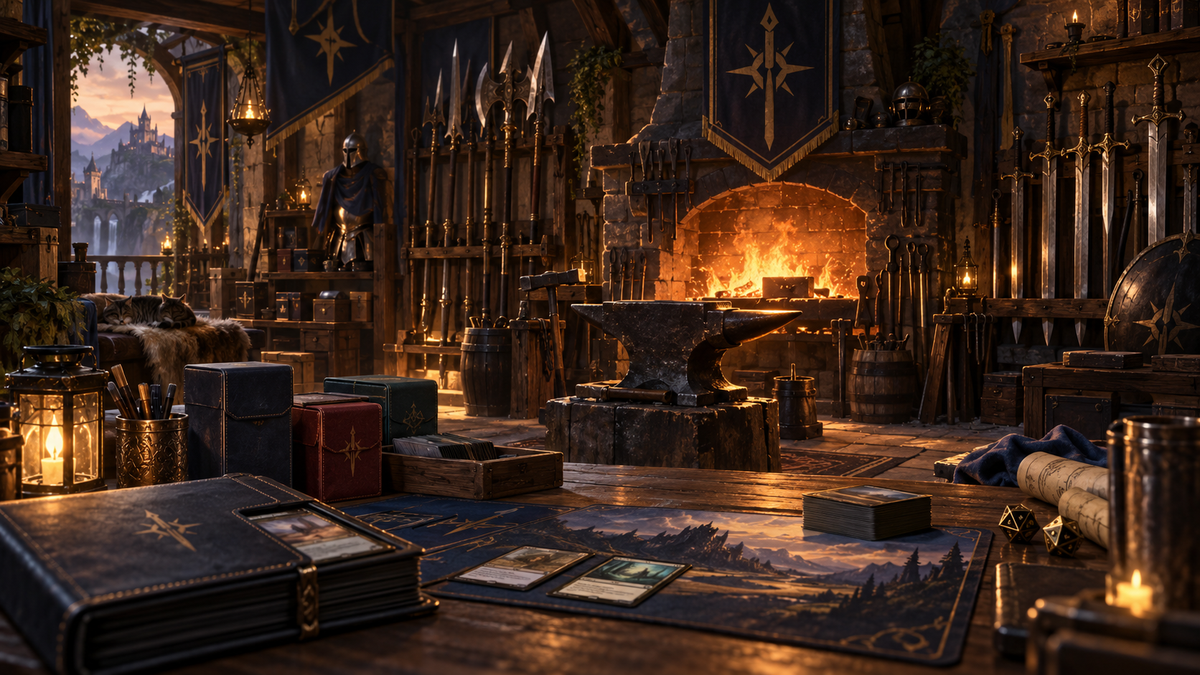 Middeleeuwse armory met Magic: The Gathering kaarten en accessoires op tafel