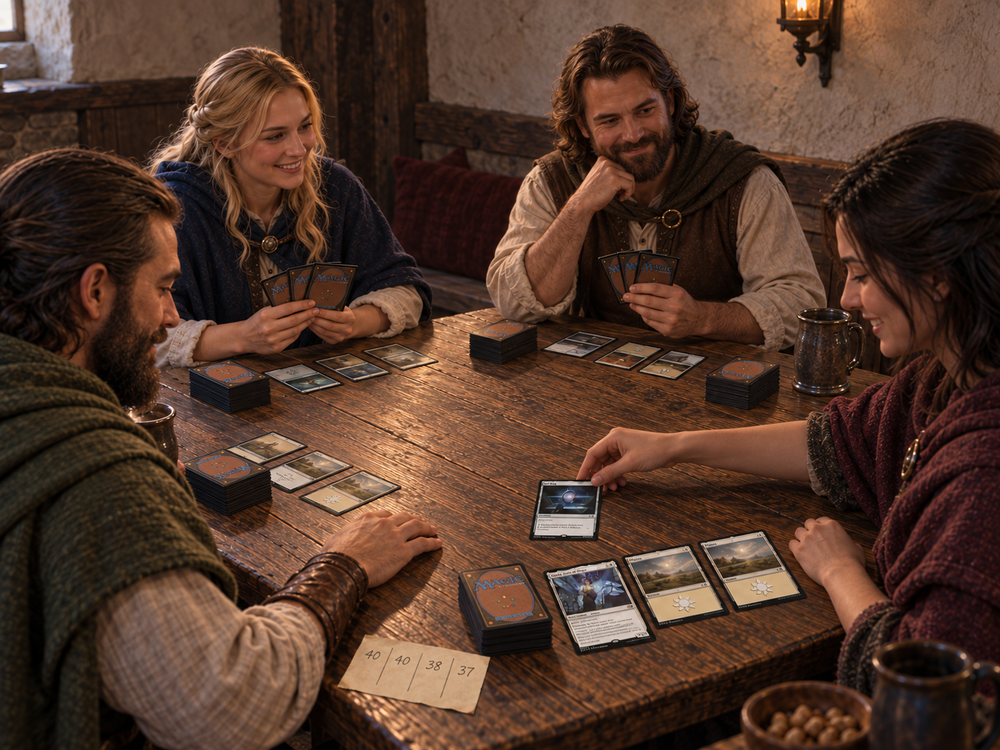 Quattro giocatori giocano a Commander a un tavolo di legno, con carte, deck e un foglio punteggio per i loro punti vita.